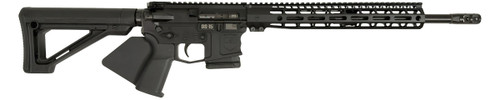 Side view of California-compliant DS-15 Typhoon rifle in black with 16″ SOCOM barrel, Firestorm comp, fixed stock & featureless grip