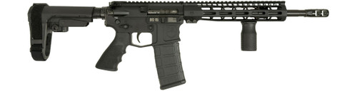 Front Side view of DS-15 Typhoon 12.5" non-NFA firearm in Black finish with 10-inch M-Lok handguard, Firestorm compensator, MVG front grip, and SBA3 brace, legal in NJ, MD, and DE