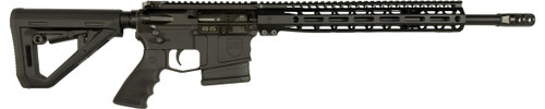 Side view of DS-25 Typhoon .308 fixed magazine rifle with 13-inch M-Lok handguard, Firestorm compensator, 16-inch nitride barrel, and Hogue adjustable stock in black finish