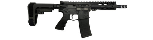 Front side view of DS-15 Typhoon pistol in black finish with 6-inch M-Lok handguard, Hogue pistol grip, 7.5-inch SOCOM barrel with Firestorm compensator, and SBA3 brace