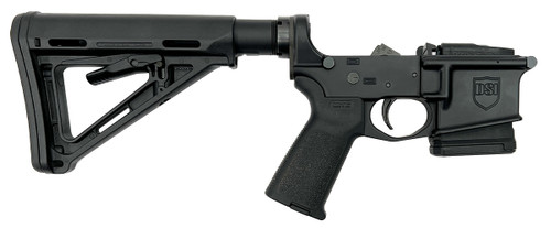 Side view of DS-15 assembled MOE fixed magazine lower receiver with black anodized lower, PMAG 10-round magazine, and black Magpul MOE adjustable stock and pistol grip, compliant in all 50 states