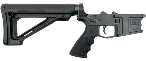 Front side view of a Black DSI DS-15 Typhoon assembled post ban lower receiver with billet 7075 aluminum, grooved mag well, Magpul fixed carbine stock, and Hogue pistol grip