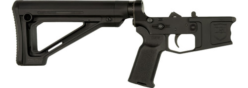 Front side view of a Black DSI DS-15 Typhoon assembled post ban lower receiver with billet 7075 aluminum, grooved mag well, Magpul fixed carbine stock, and Magpul K2 pistol grip