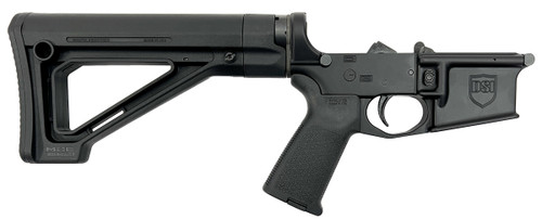 Side view of DSI DS-15 assembled MOE post ban lower receiver with forged 7075 aluminum, winter trigger guard, Magpul MOE fixed carbine stock, and pistol grip
