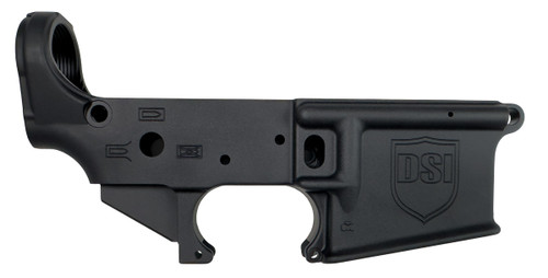 Side view of DS-15 stripped forged AR-15 lower receiver with open trigger guard, CNC machined from forged 7075-T6 aluminum, black anodized finish