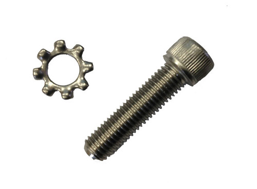 Top-down view of DSI pistol grip screw and washer kit for AR-15 lowers including stainless steel socket cap screw and locking washer