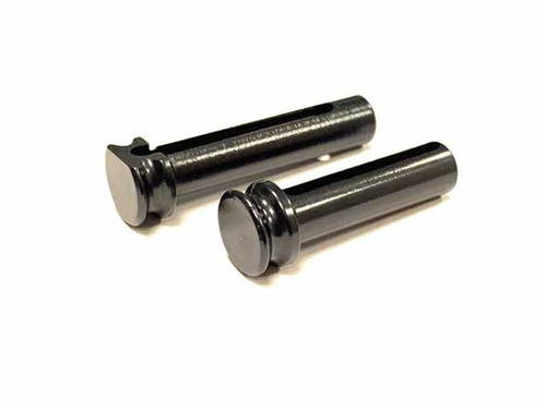 Front right angled view of DSI extended pivot and takedown pin set with low profile hourglass pulls, nitride finish for AR-15 lowers