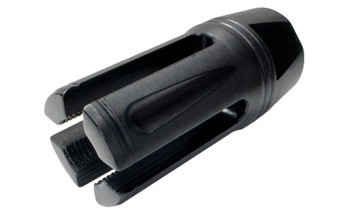 Front right angled view of DSI WTF flash hider with black nitride finish, threaded 1/2x28 for 5.56 rifles, designed to reduce visible muzzle flash