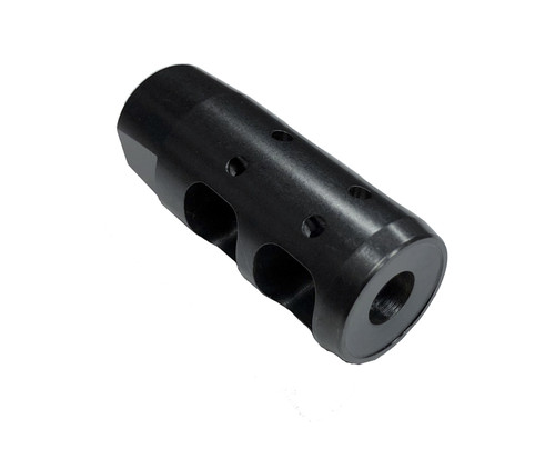 Front left angled view of DSI Firestorm muzzle compensator with black nitride finish and multi-port design for reduced muzzle climb