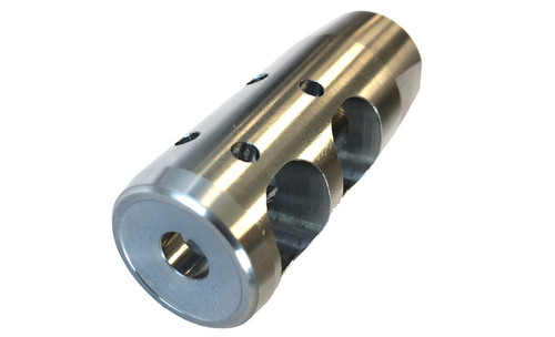 Front right angled view of DSI stainless steel competition muzzle compensator with multi-port design for recoil and muzzle rise reduction