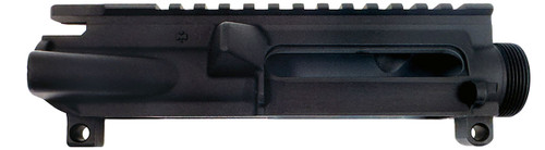 Side view of DS-15 forged stripped upper receiver for AR-15, CNC machined from 7075-T6 aluminum with black anodized finish