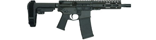 Side view of Dark Storm Industries MFR pistol with black receiver, black 6.5-inch M-Lok handguard, matching black pistol grip, and SBA3 brace