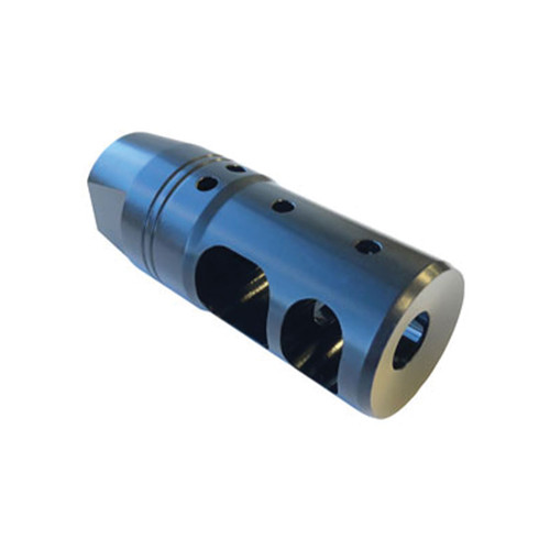 Front left angled view of DSI competition muzzle compensator with black nitride finish and multi-port design for reduced recoil and muzzle rise