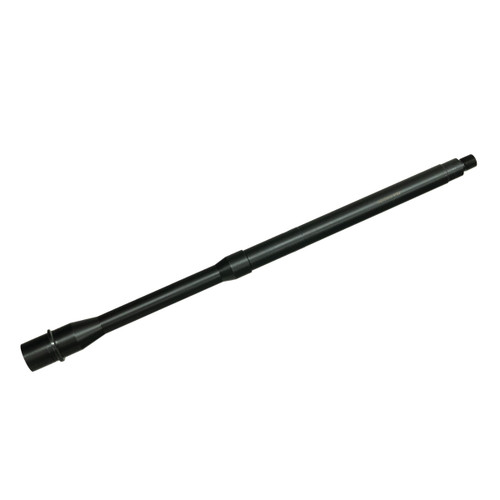 Top right angled view of DSI 16-inch 9mm SOCOM profile AR barrel with black nitride finish and 1/2x36 threaded muzzle