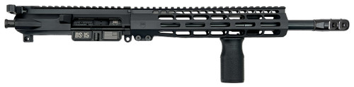 Side view of DSI Typhoon 12.5-inch 5.56 complete upper with M-Lok handguard, MVG grip, and Firestorm compensator in black finish
