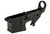 Front angled view of ambidextrous DS-15 stripped lower receiver showing open trigger guard and ambidextrous controls, black anodized forged aluminum