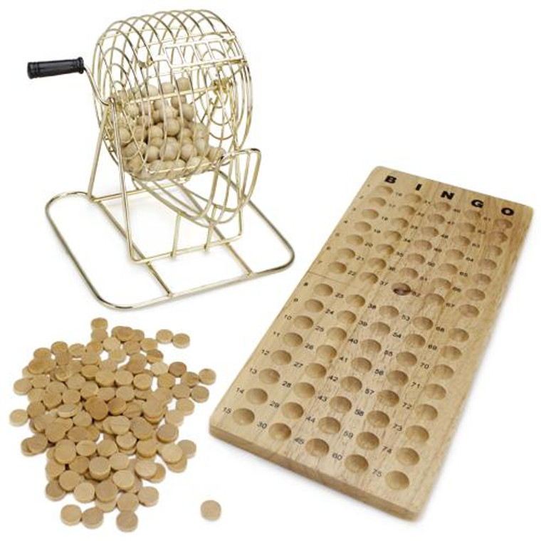 Vintage Wooden Bingo Game with 6-Inch Brass Cage