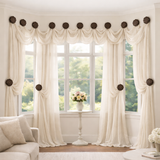 Rod-Free Bay Window Curtains Using 4" Urban Forge Ruffled Rosette Drapery Medallion Holdbacks, Tiebacks, Curtain Knobs & Decorative Drapery Hangers
