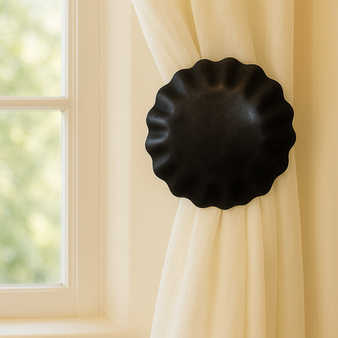 Contemporary ruffled drapery medallion, holdback, tieback - 5″ diameter with a 3″ – 5″ projection. Contemporary ruffled drapery medallion, holdback, tieback - 5″ diameter with a 3″ – 5″ projection.