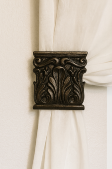 Traditional medium drapery medallion 4″ H x 3-1/2″ square with a 3-5″ projection.