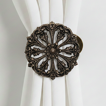 The Chateau Large Drapery Medallion Curtain Holdback. Drapery Hardware by Metropolis Iron (metroiron) The Chateau Large Drapery Medallion Curtain Holdback. Drapery Hardware by Metropolis Iron (metroiron)