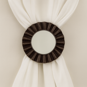 Mirrored Dazzling Drapery Medallion – 3-1/4″ Diameter embellished with a 2-1/2" center beveled mirror.  Projects from wall 3" - 5".