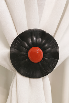 Contemporary and unique drapery medallion embellished with a crimson opaque glass stone – 2-1/2″ diameter with a 3″ – 5″ projection