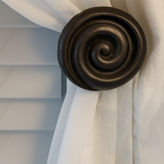 Urban Spiral™ Drapery Medallion Contemporary Iron Curtain Holdback | Modern Drapery Rosette | Rod-Free Window Treatment Hardware.  3-1/2" diameter with a 3" - 5" projection.  American made by a small business owner.