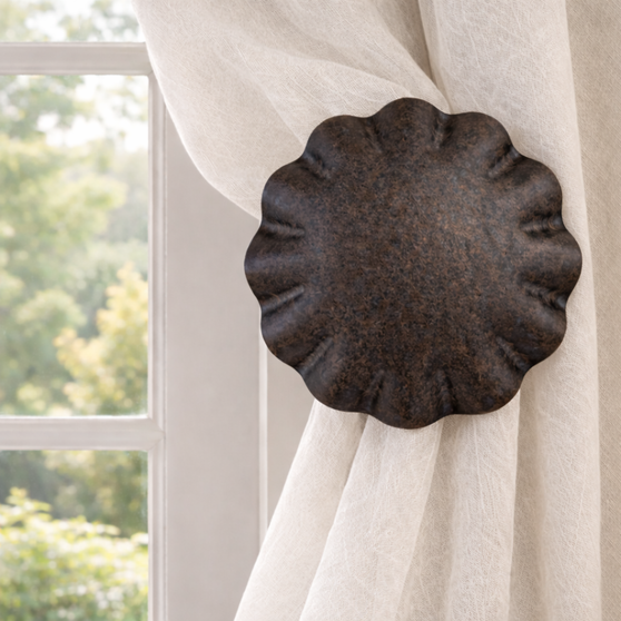Urban Forge Ruffled Drapery Medallion - 5" diameter, includes a wall mount bracket with a 3" - 5" projection.