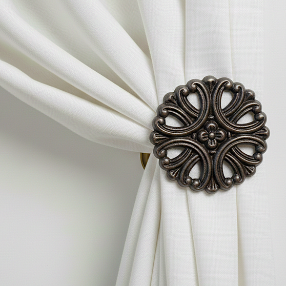 Traditional floral medium drapery medallion and hardware from Metropolis Iron (metroiron)