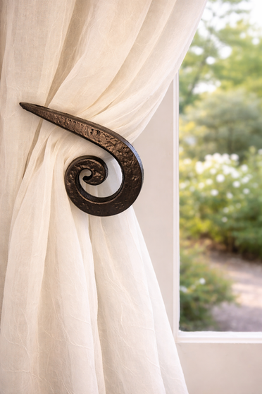 ForgeMark™ iron drapery medallion curtain holdback, LEFT,  3″ L x 4″ H with a 3″ – 5″ projection.