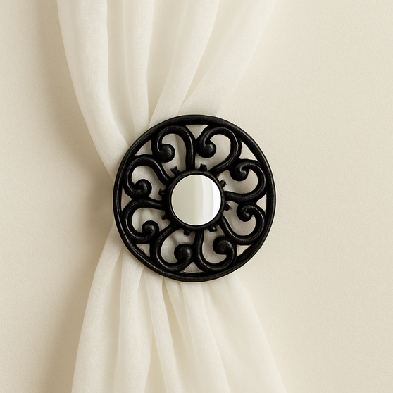 Classic Dazzling drapery medallion 3″ diameter embellished with a 1″ mirror in the center,  3-5″ projection.  American made. Classic Dazzling drapery medallion 3″ diameter embellished with a 1″ mirror in the center,  3-5″ projection.  American made.