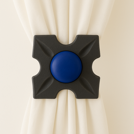 Unique drapery medallion embellished with an opaque sapphire glass stone, 1-3/4″ square with a 3″ – 5″ projection.