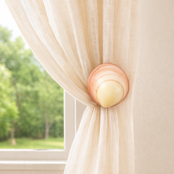 Create a soft, coastal kitchen look with this rod-free window treatment using authentic pink tiger clam seashell drapery medallions. The warm blush and cream tones of the shells are beautifully reflected in the airy linen curtains, creating a light, breezy feel perfect for beach house interiors. Mounted at the top or used as holdbacks, these natural seashells add texture, function, and effortless elegance while letting natural light flow. Ideal for kitchens, breakfast nooks, and coastal living spaces, this design brings a relaxed, designer-inspired finish to your windows—no curtain rod required.