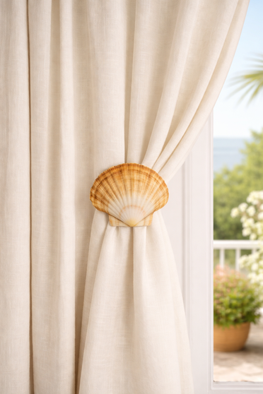 Authentic Irish Flat Shell Drapery Medallion Holdback – Coastal Curtain Tieback for Beach House Windows, 4" - 6" diameter.  Comes with a wall mount bracket with a 3" - 5" projection.
