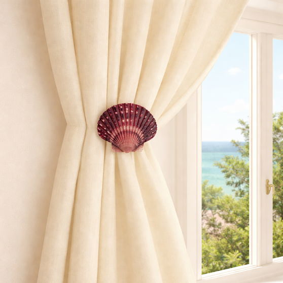 Authentic Pectin Purple Scallop Seashell Drapery Medallion Holdback – Coastal Curtain Tieback for Beach House Windows with a wall mount bracket ranging from 3" - 5" projection.