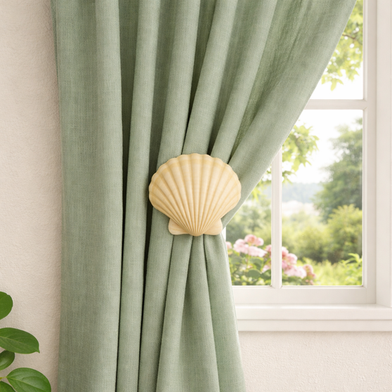 Irish Coastal Scallop™ Drapery Medallion | Authentic Seashell Curtain Holdback | Beach House Window Hardware ranging in size from 4" - 5" diameter, includes a wall mount bracket with a 3" - 5" projection from the wall.
