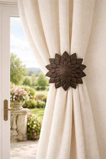 Grand Lotus Drapery Medallion – 10.5" Large Curtain Holdback | Decorative Drapery Rosette | Curtain Tieback | Metropolis Iron.  Due to the weight of this medallion it required 2 wall mount brackets that are included.  American made by a small business owner.