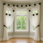 Elaborate bay window design using clean and contemporary button drapery medallions Elaborate bay window design using clean and contemporary button drapery medallions