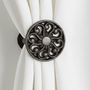 Everleigh Scroll Drapery Medallion Curtain Holdback or window treatment hardware by Metropolis iron (metroiron) - 3" diameter with a 3" - 5" projection.