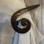 ForgeMark™ iron drapery medallion curtain holdback, RIGHT,  3″ L x 4″ H with a 3″ – 5″ projection.