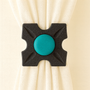 Unique drapery medallion embellished with an opaque cyan glass stone, 1-3/4″ square with a 3″ – 5″ projection.
