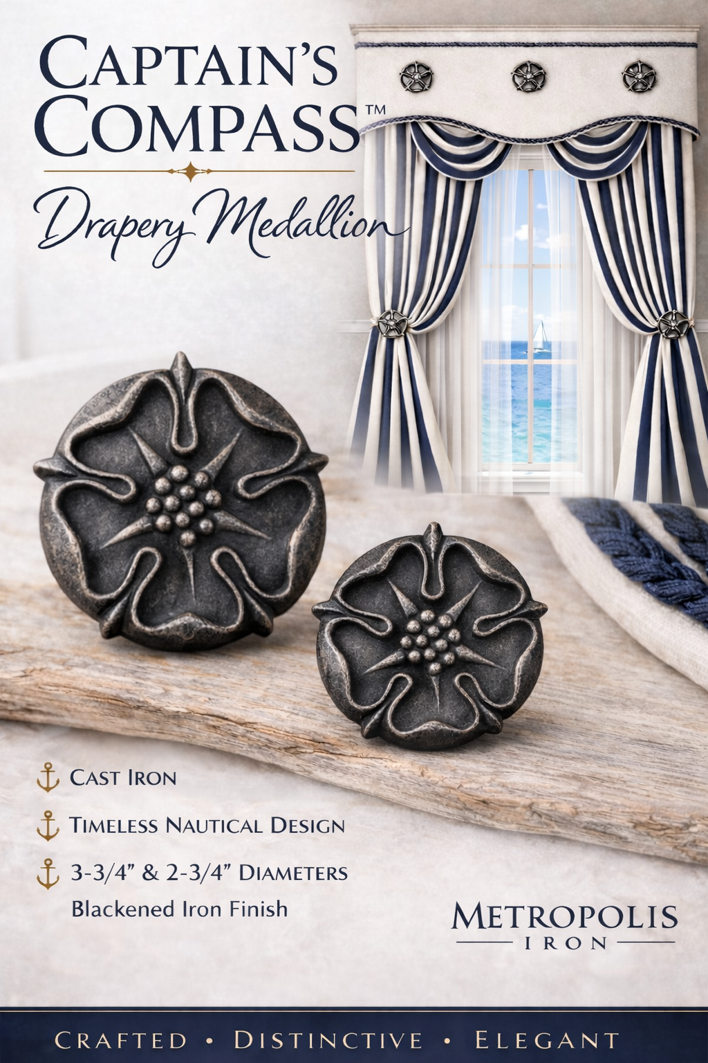 Captain’s Compass Drapery Medallions: Elegant Nautical Holdbacks and Cornice Mount Drapery Medallions