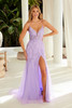 Nox Anabel R1717 sequined tulle prom or evening gown with V neck and spaghetti straps. Thigh high slit accents the front while lacing and a brush train add drama to the back. Junior sizes 00 to 16, in dusty sage or lilac.
