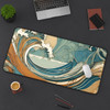 Art Nouveau Style Ocean Waves Desk Mat Mousepad in Teal and Peach