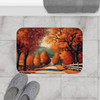 Country Roads Fall Theme Non Slip Bath Mat. Works well for bathroom, kitchen, laundry and even as a bedside rug. Warm, rich orange colors.