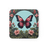 Spring Butterfly Corkwood Coaster Set Living Room Decor floral flowers sky blue pink black 