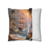 Pillow Case "Tropical Cove Fantasy" Spun Polyester Square throw Pillow Cover concealed zipper sofa couch palm trees pirate ship ocean