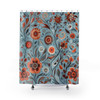 Blue Floral Folk Art Boho Design Shower Curtain | Polyester Shower Curtains