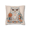 Boho Floral Snow Owl Pillow Cover - Teal & Orange Folk Art Decor, Soft Faux Suede Cushion Case for Home Accent